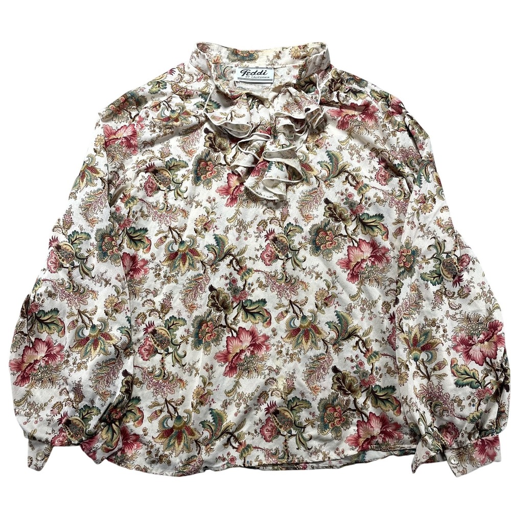 Vintage Teddi Of California Blouse‎ Womens Large Multicolor Floral Ruffle